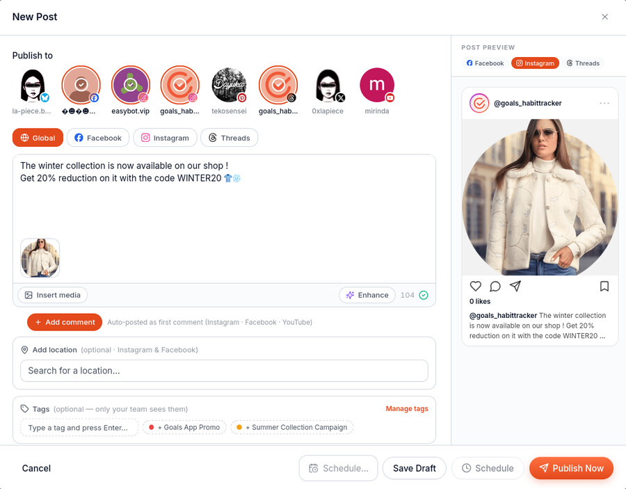 The Echoia composer: platform picker, caption and live per-platform preview
